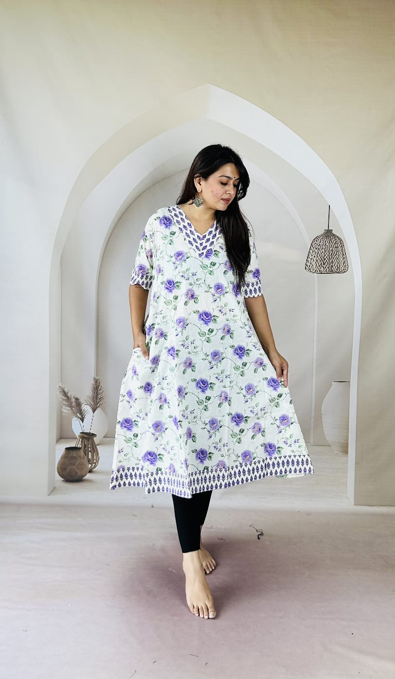 White and purple floral print cotton kurti