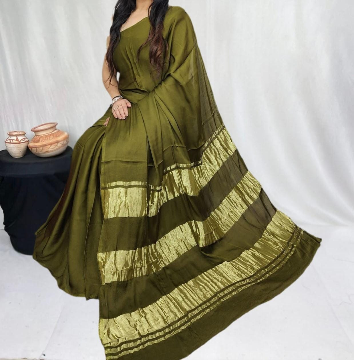 Olive Green Pure Modal Silk Saree with 3 Lagdi Patta Tissue Pallu (Length-6.50 mtr with Width-46 inches)