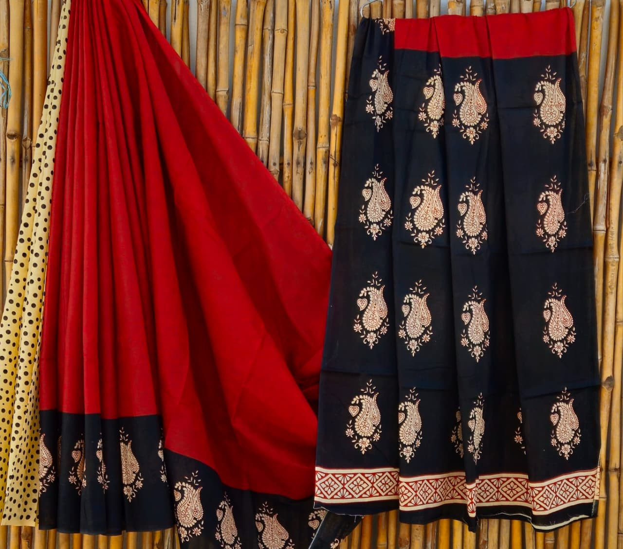 Red & Black Hand Block Printed 100% Pure Mulmul Cotton Saree (6.5 Mtrs, 92*80)