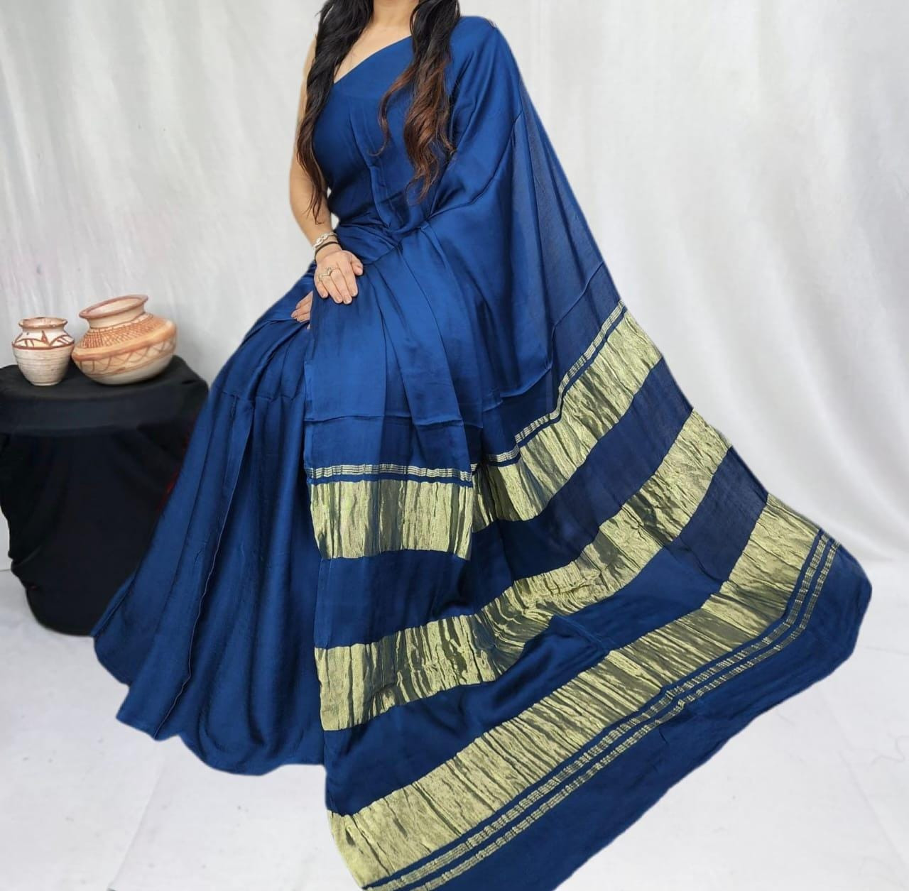 Blue Pure Modal Silk Saree with 3 Lagdi Patta Tissue Pallu (Length-6.50 mtr with Width-46 inches)