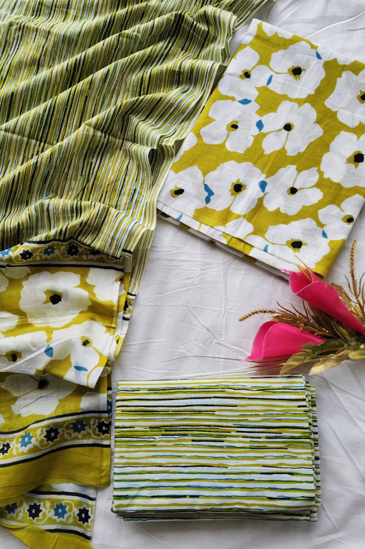 Mustard Yellow & Lime Green Floral Striped Cotton  unstitched suit  Material for Women 2.5 Mtr top and 2.5 Mtr Bottom  and  2.5 Mtr Dupatta