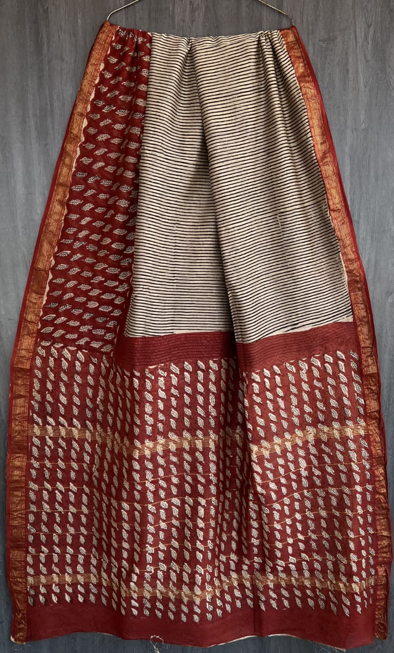 Ivory Cream & Maroon Red Hand Block Printed Maheshwari Silk Saree with Blouse