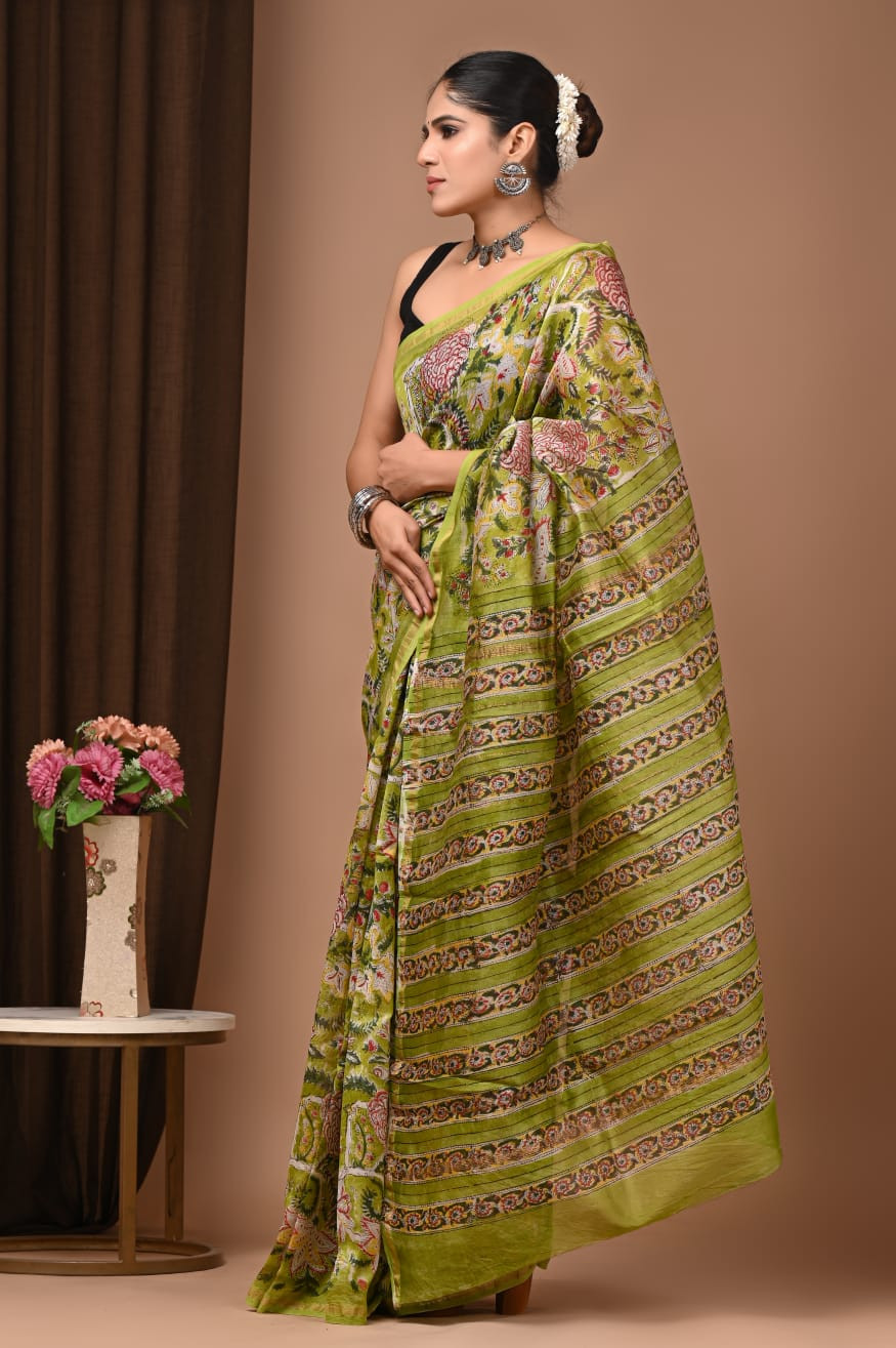 "Olive Grove" Hand Block Printed Maheshwari Silk Saree with Blouse