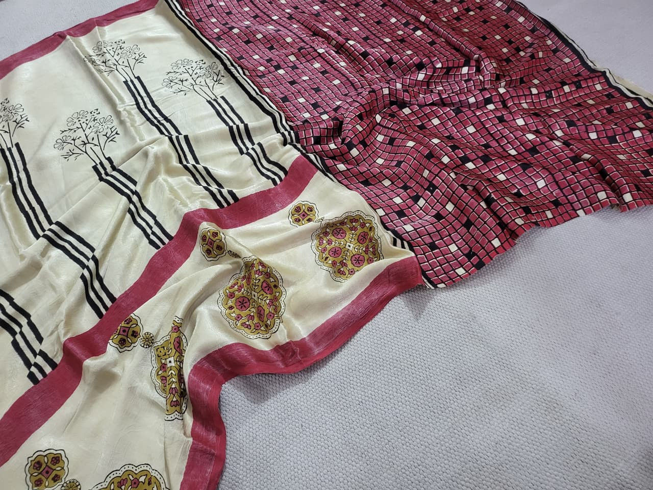 Maroon  Ajrakh Hand Block Printed Modal Silk Saree.