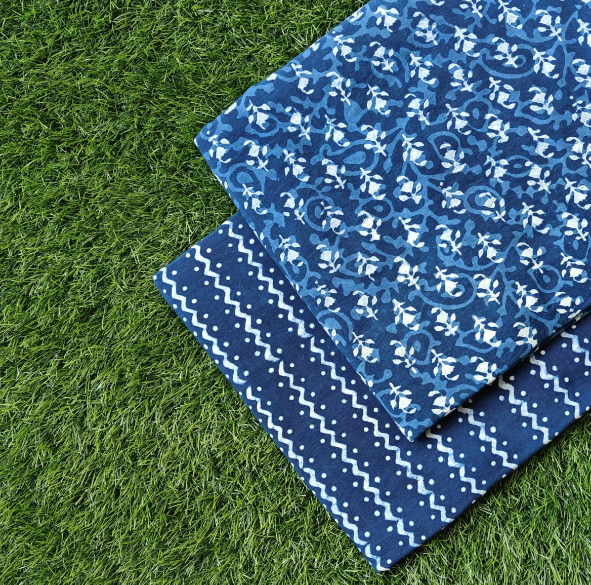 Blue and White Floral Hand Dark Block Printed Cotton Sleeveless Peplum Top