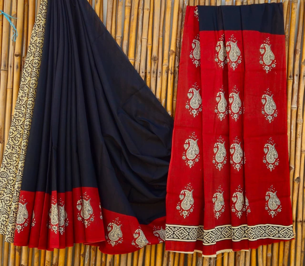 Black & Red Hand Block Printed 100% Pure Mulmul Cotton Saree (6.5 Mtrs, 92*80)