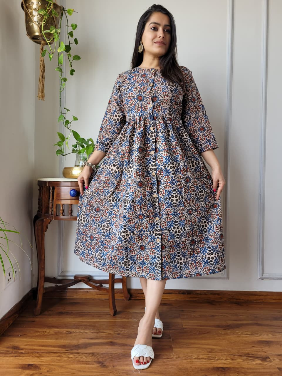 beige and multicolor hand block printed One Piece dress