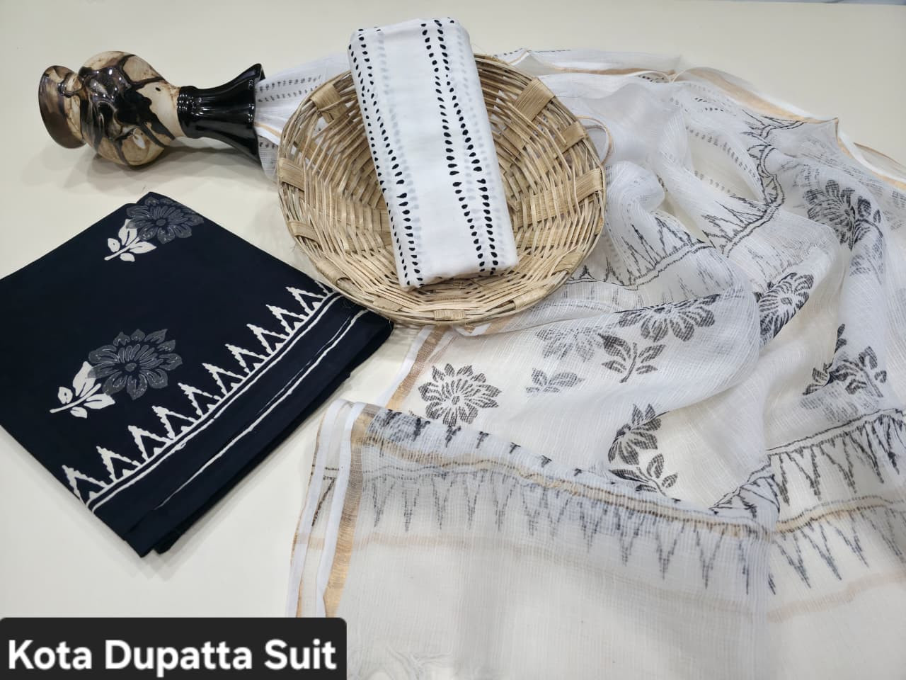 Black & White Hand Block Print Cotton Suit with a sheer Kota Doria Dupatta