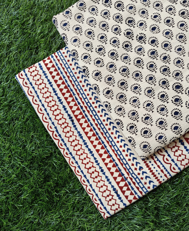 Cream Blue Hand-Block Bagru Dabu Buti Print Cotton (60×60) Cambric Suit Set – Top 2.50 MTR + Bottom 2.50 MTR