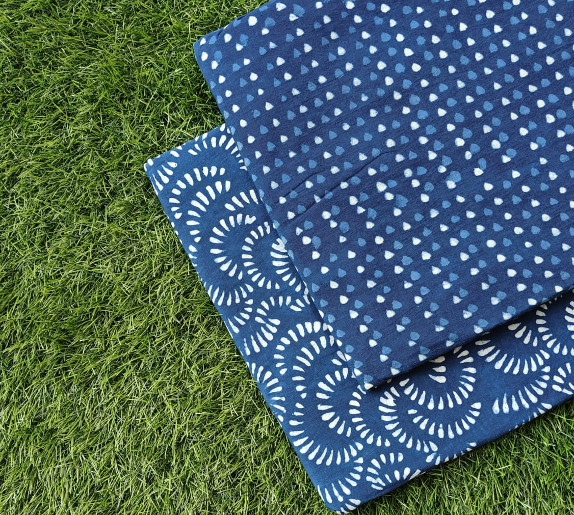 Indigo Blue 'Circular Wave & Dotted' Hand-Block Bagru Dabu Print Cotton (60/60) Cambric Suit Set – Top 2.50 MTR + Bottom 2.50 MTR