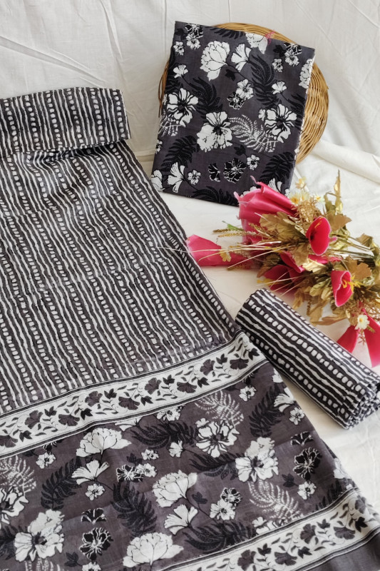 Grey and white  Floral and stripe patterns Cotton Unstitched Suit Set for Women 2.5 Mtr Top, 2.5 Mtr Bottom, and 2.5 Mtr Dupatta