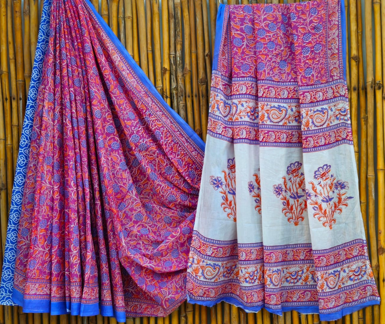 Pink & Orange Hand Block Printed 100% Pure Mulmul Cotton Saree (6.5 Mtrs, 92*80)