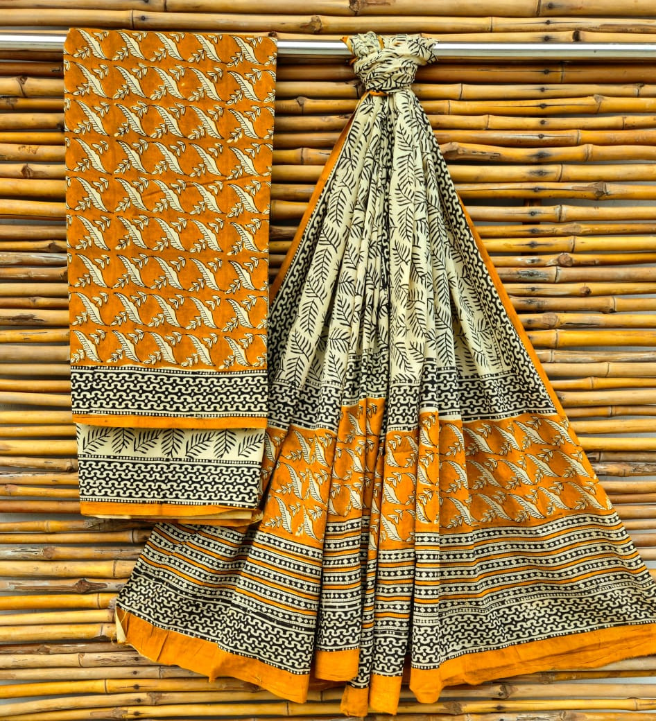 Jaipuri Hand-Block Print Cotton Suit Set in Mustard Yellow & Black