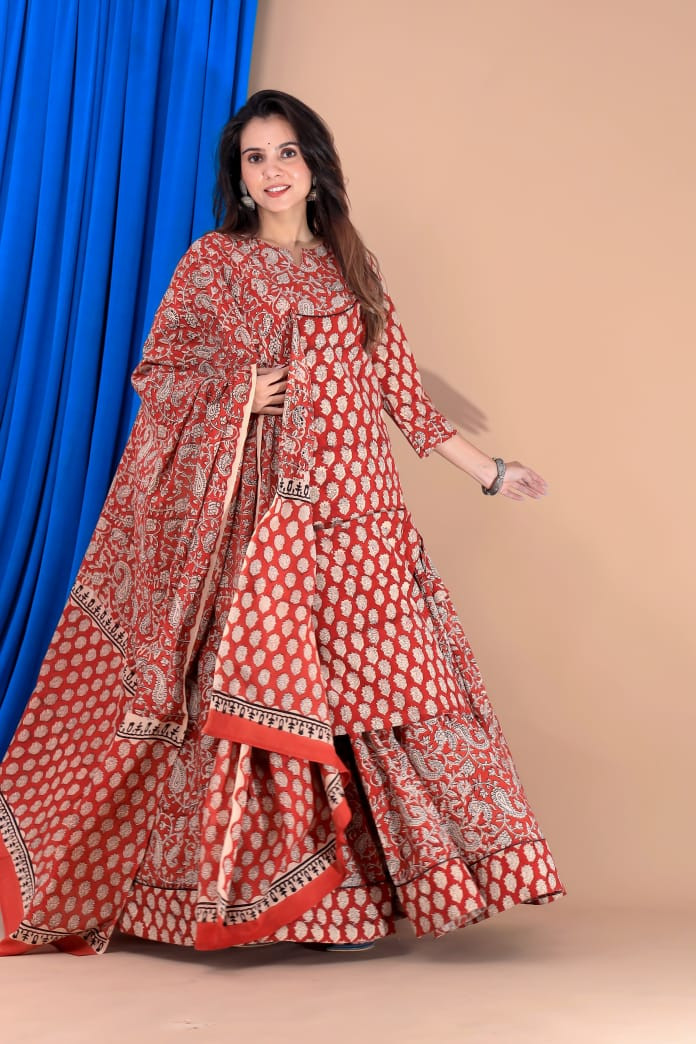 Red & Beige Hand Block Print Cotton Designer Long Kurta & Skirt with Dupatta