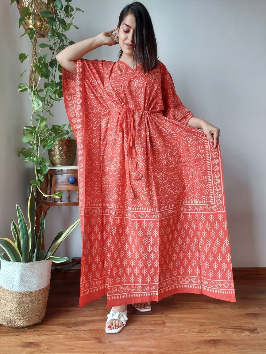 Indian Red Block Printed Long Kaftan for Women