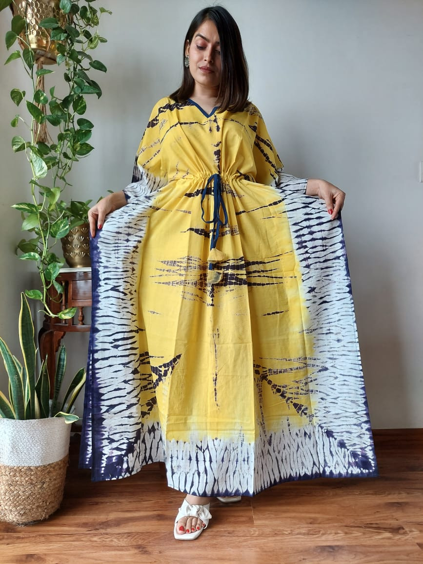 Chardonnay Yellow Block Printed Long Kaftan for Women