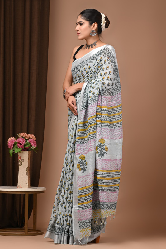 White & Grey Hand Block Printed Linen Saree with Silver Border.