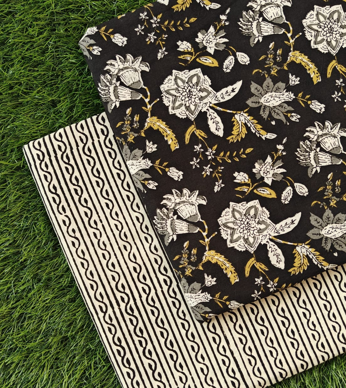 Black & White Floral and Striped Dabu Bagru Hand Block Print Cotton (60/60) Cambric Unstitched Suit Material (Top 2.50 MTR + Bottom 2.50 MTR)