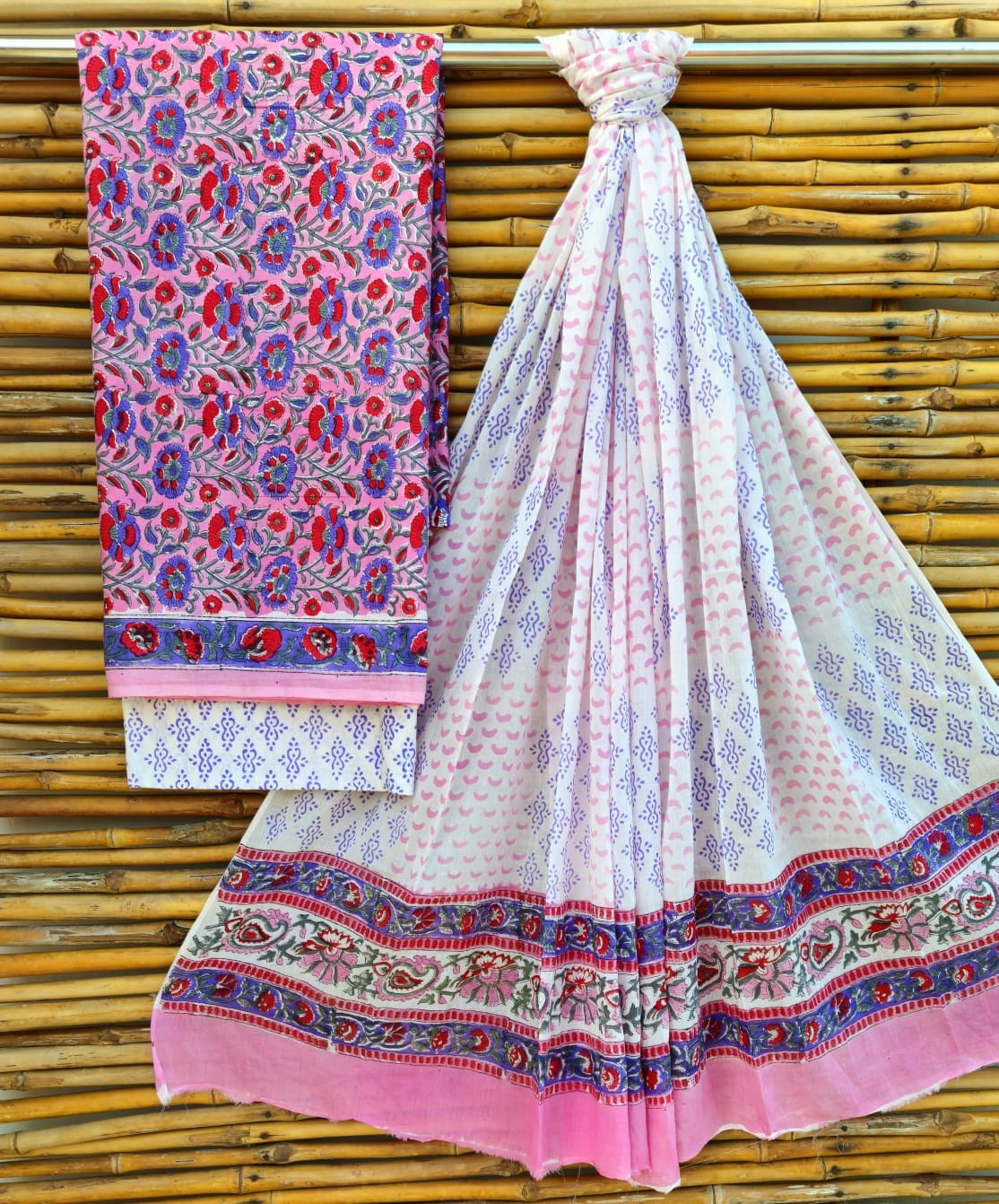 Vibrant Pink and Blue Hand Block Print Cotton Suit Set