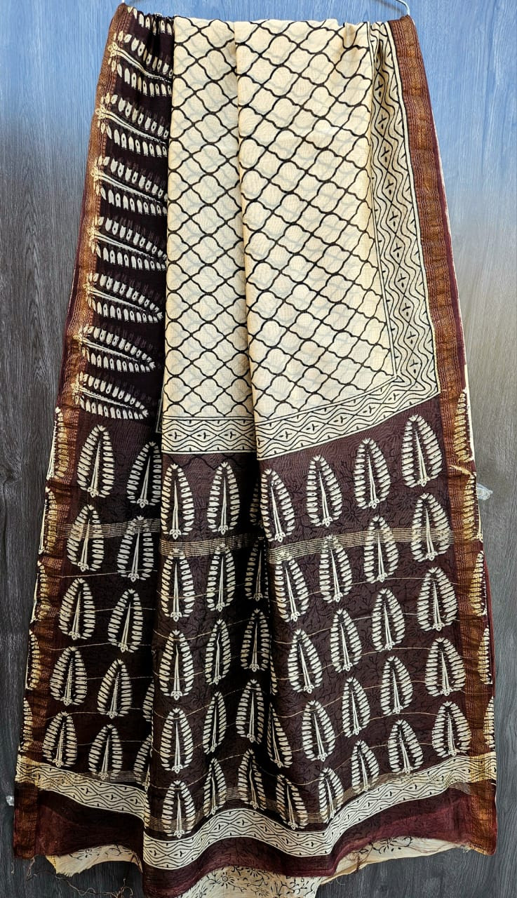 Ivory Cream & Chocolate Brown Hand Block Printed Maheshwari Silk Saree with Blouse
