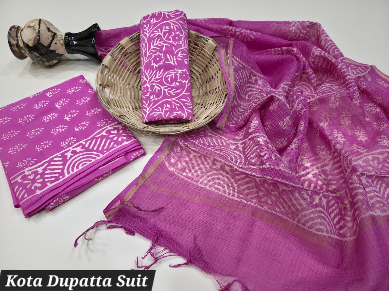 Pink Hand Block Printed Cotton Suit with Kota Doria Dupatta