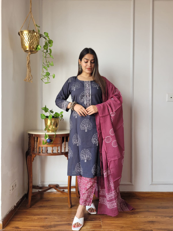 Slate Grey & Wine Cotton Cambric Dabu Print Suit Set