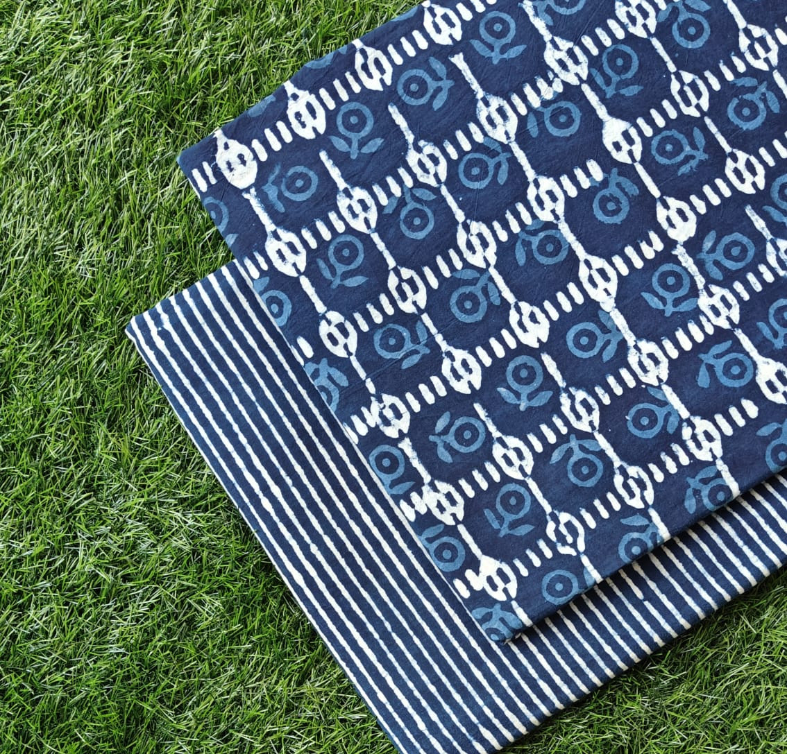 Indigo Blue 'Kamal & Stripe' Hand-Block Bagru Dabu Print Cotton (60/60) Cambric Suit Set – Top 2.50 MTR + Bottom 2.50 MTR