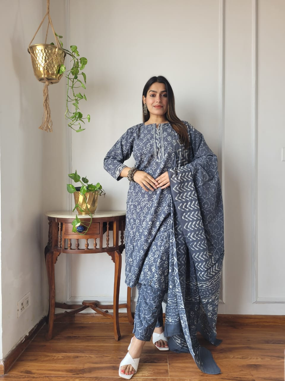 Steel Grey Cotton Cambric Dabu Print Suit Set