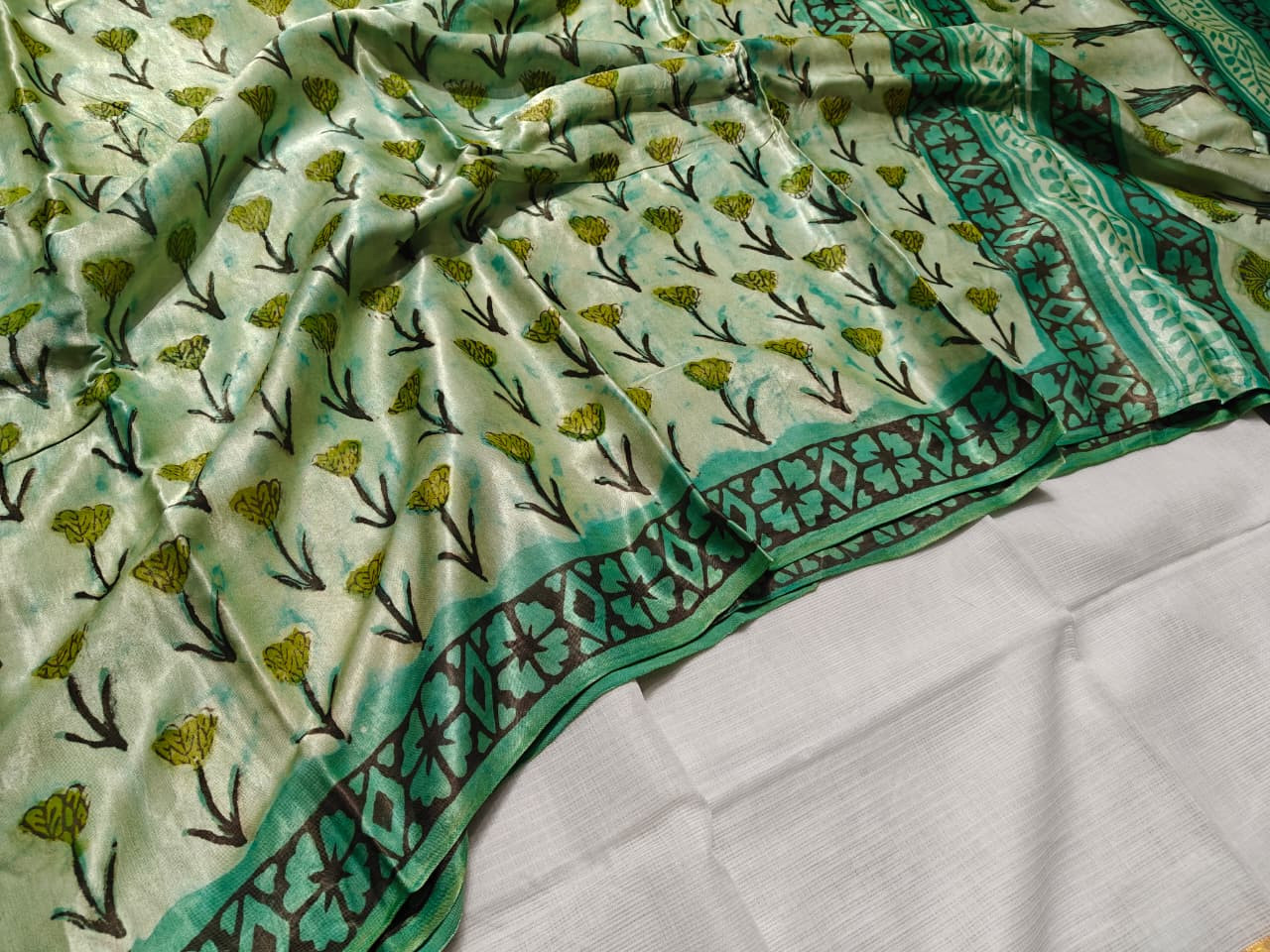Mint Green Hand Block Print Modal Silk Saree with printed blouse