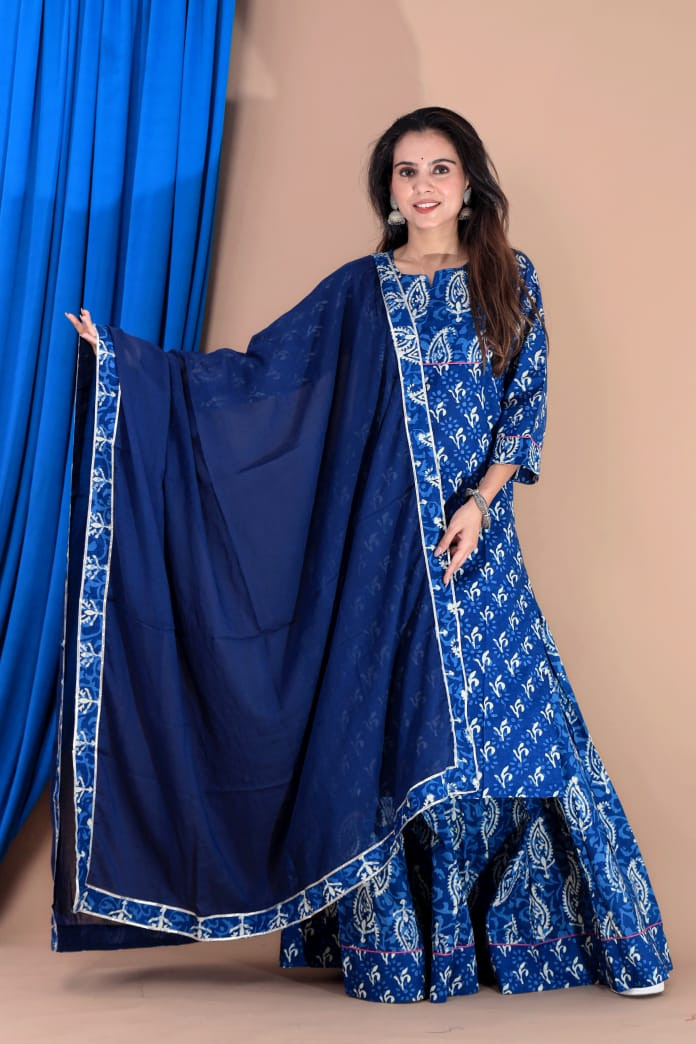 Indigo Blue Hand Block Print Cotton Designer Long Kurta & Skirt with Dupatta Set