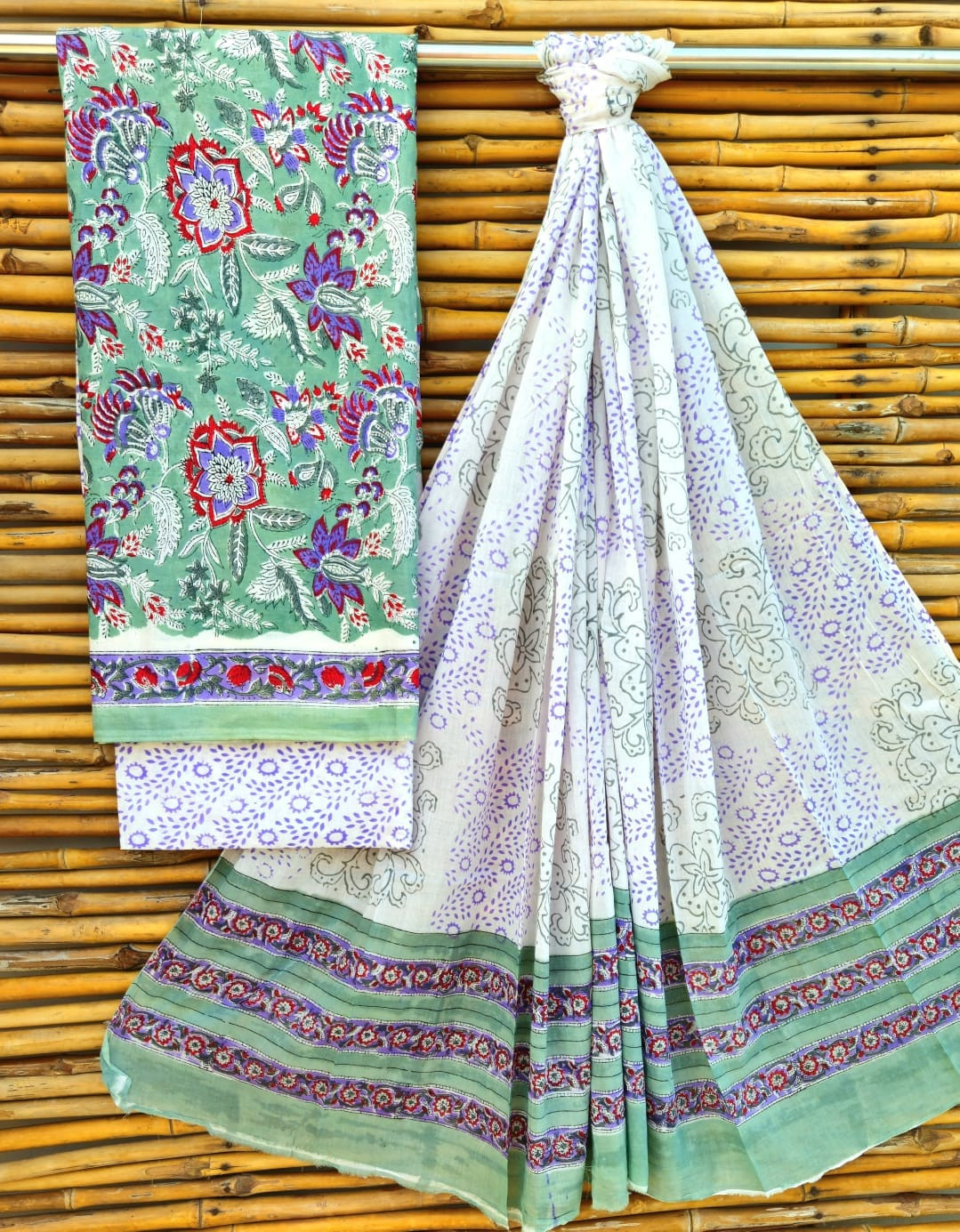 Elegant Mint Green Hand Block Print Cotton Suit Set