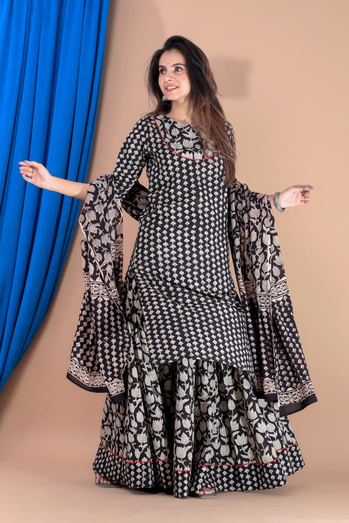 Black & White Hand Block Print Cotton Kurta & Sharara Set with Red Piping