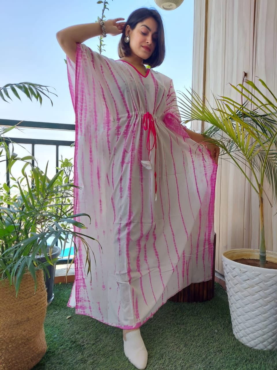 Pink Cotton Digital Printed Party Wear Kaftan