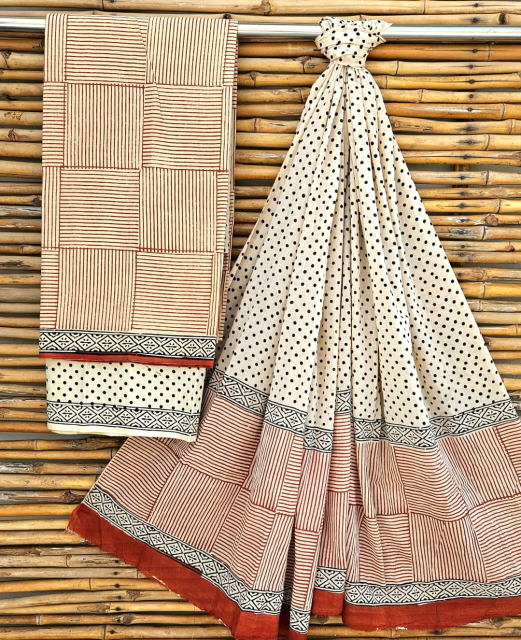 Rustic Terracotta and White Hand Block Print Cotton Suit Set