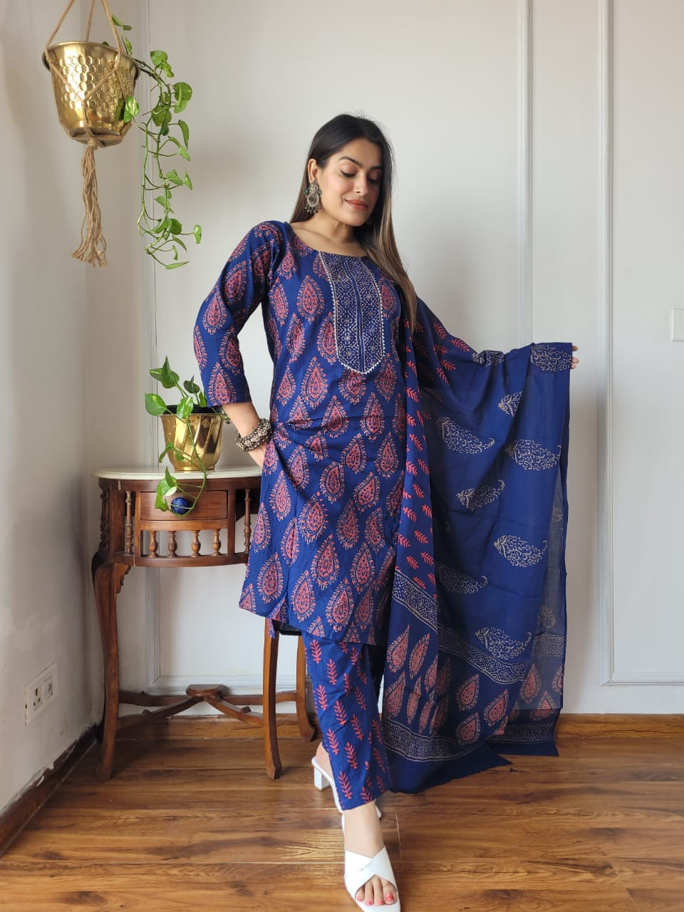 navy blue hand block printed cotton kurta, pants, and dupatta suit set