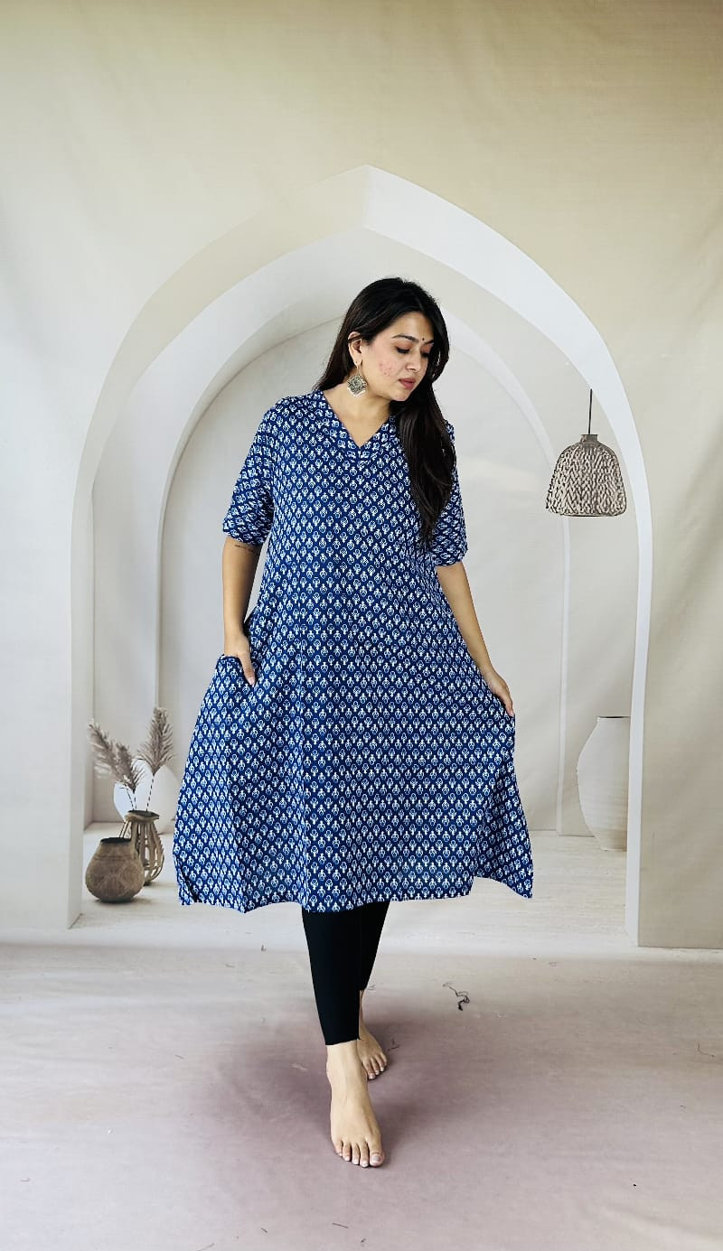 Blue and white printed cotton  kurti