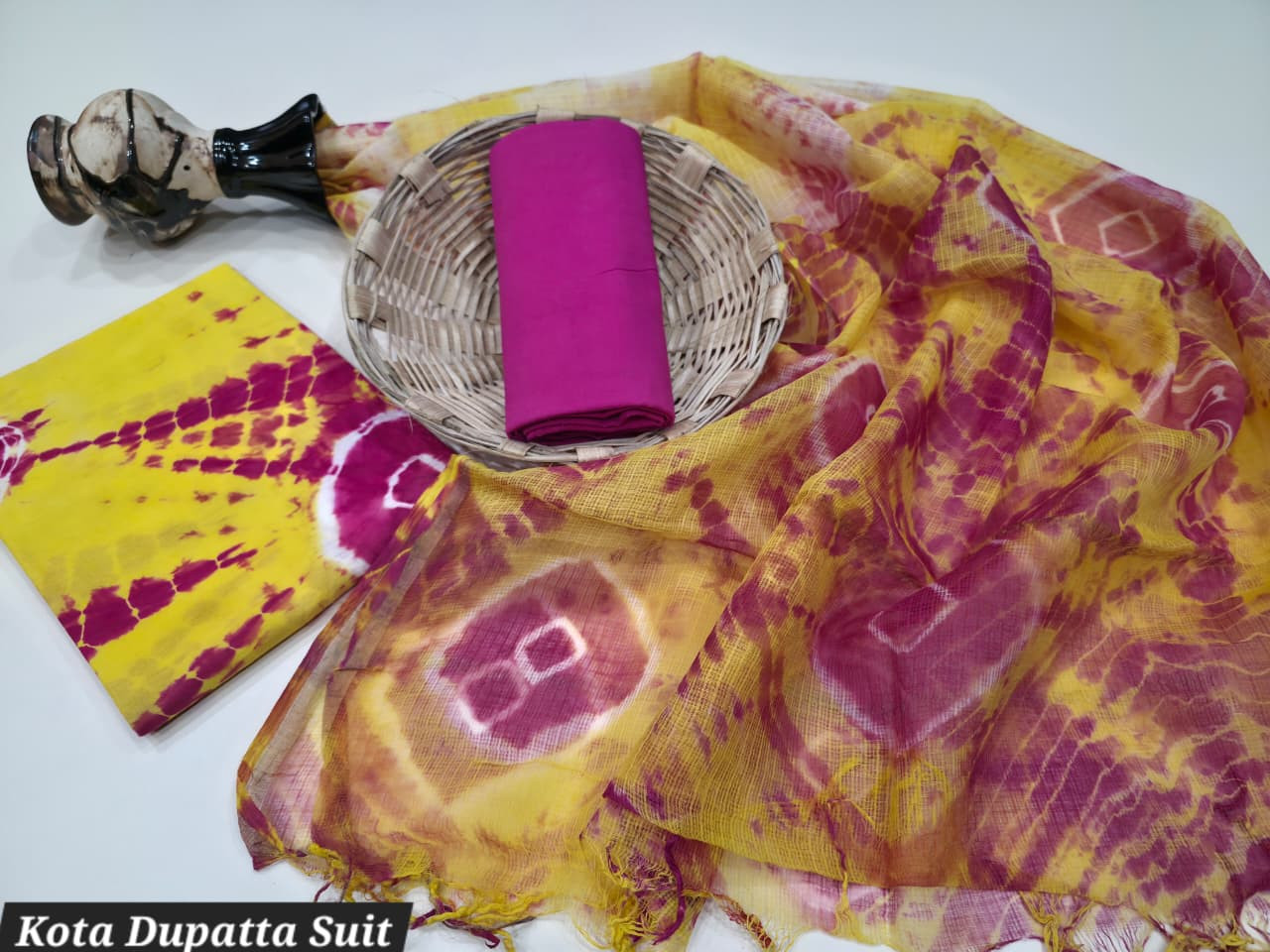 Yellow and Pink Shibori/Tie-Dye Print Cotton Suit with Kota Doria Dupatta.
