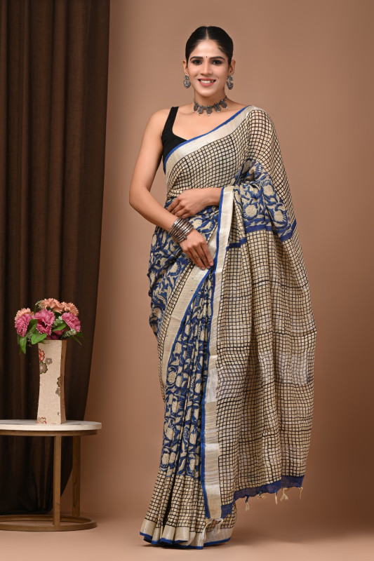 Beige & Blue Checkered Handloom Cotton Saree with Floral Woven Pattern