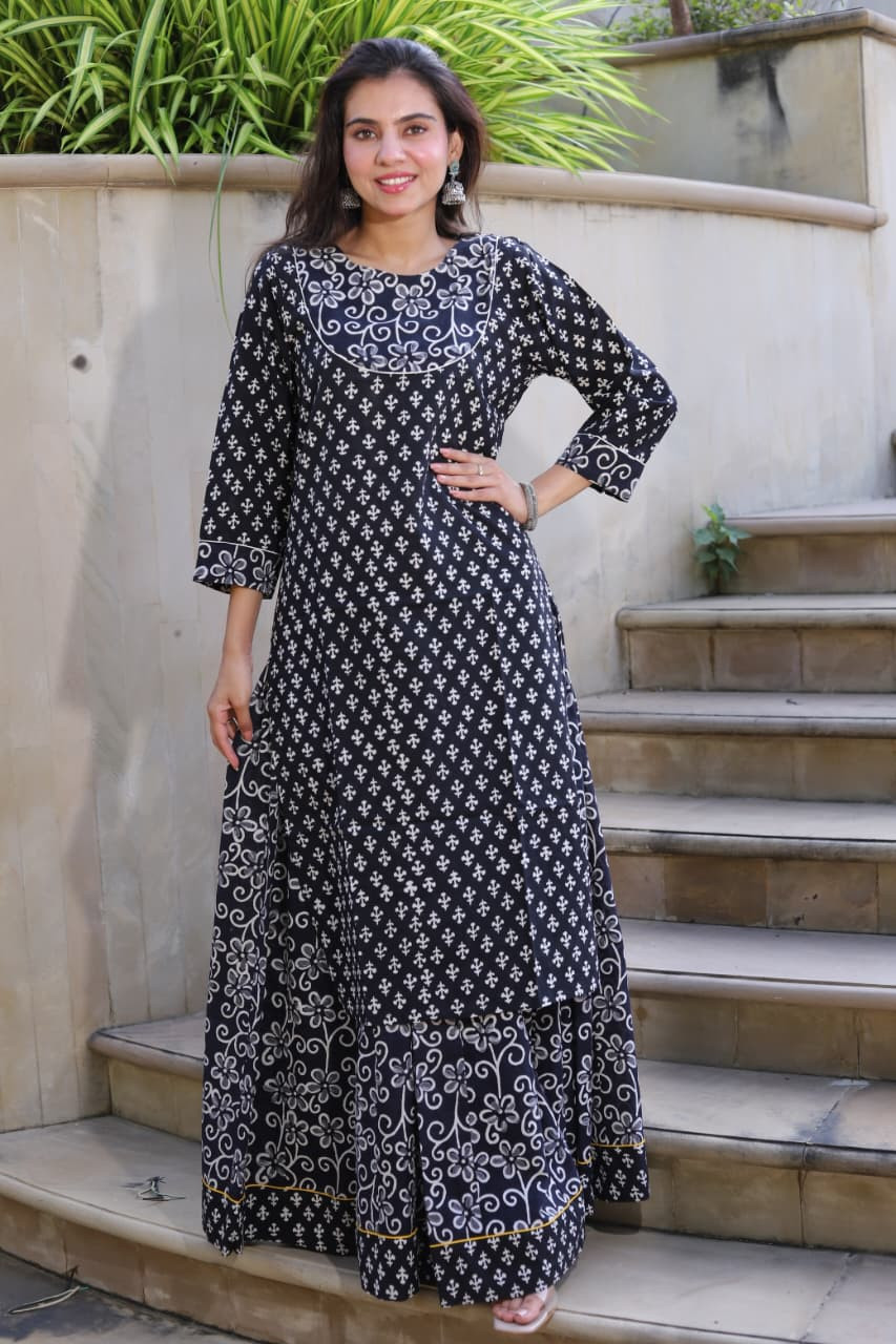Women's Black & White Hand Block Print Cotton Anarkali Set