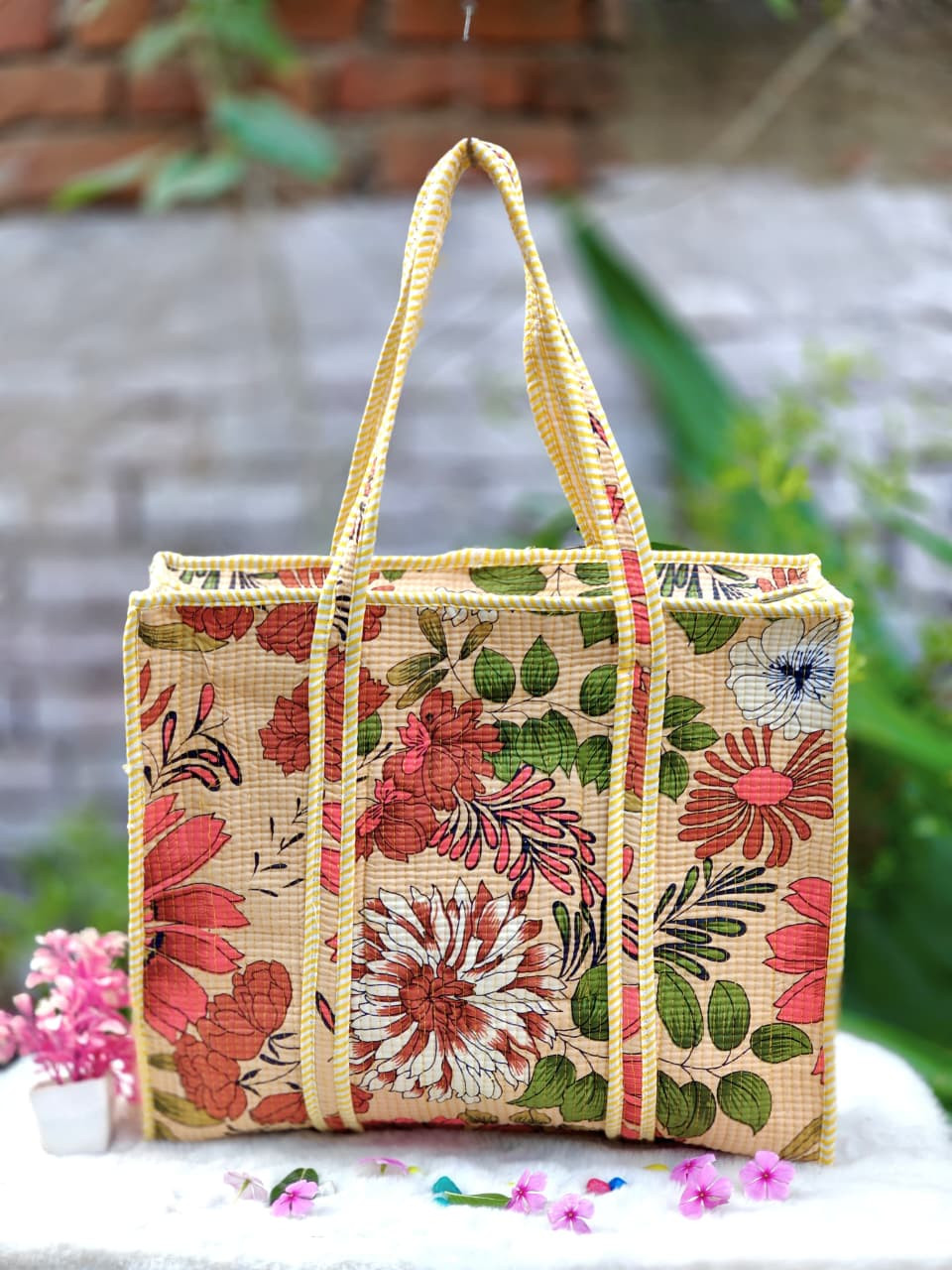 Beige Cotton floral print Quilted Bag