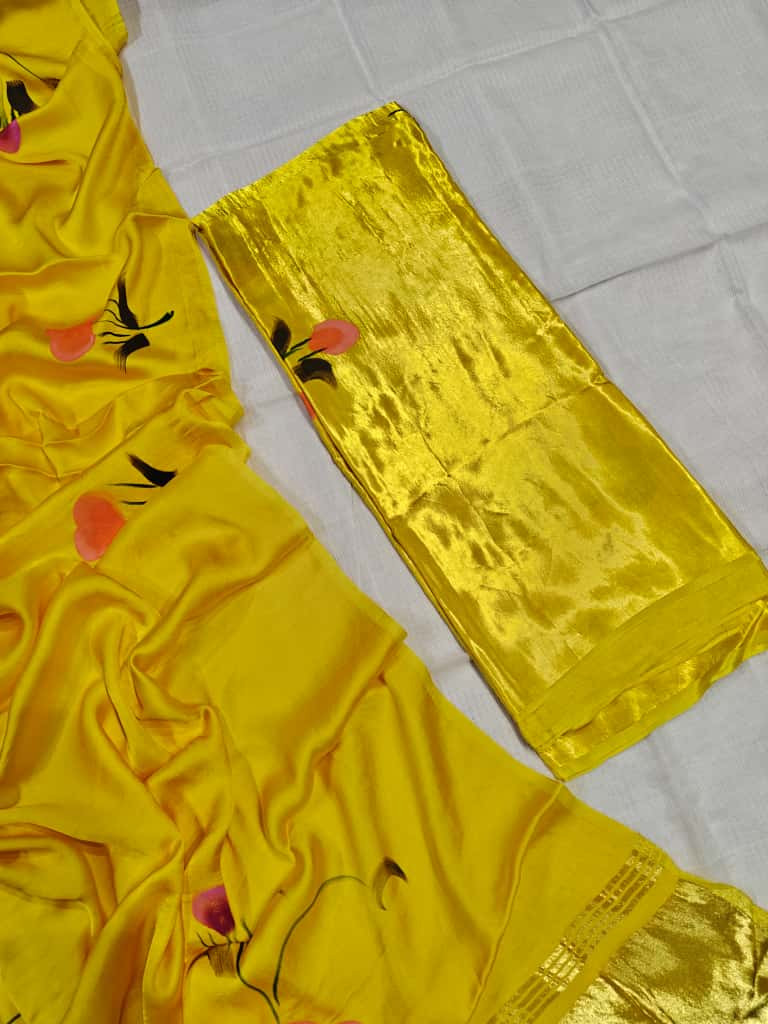 Yellow Satin or Crushed Tissue Silk Blend Saree