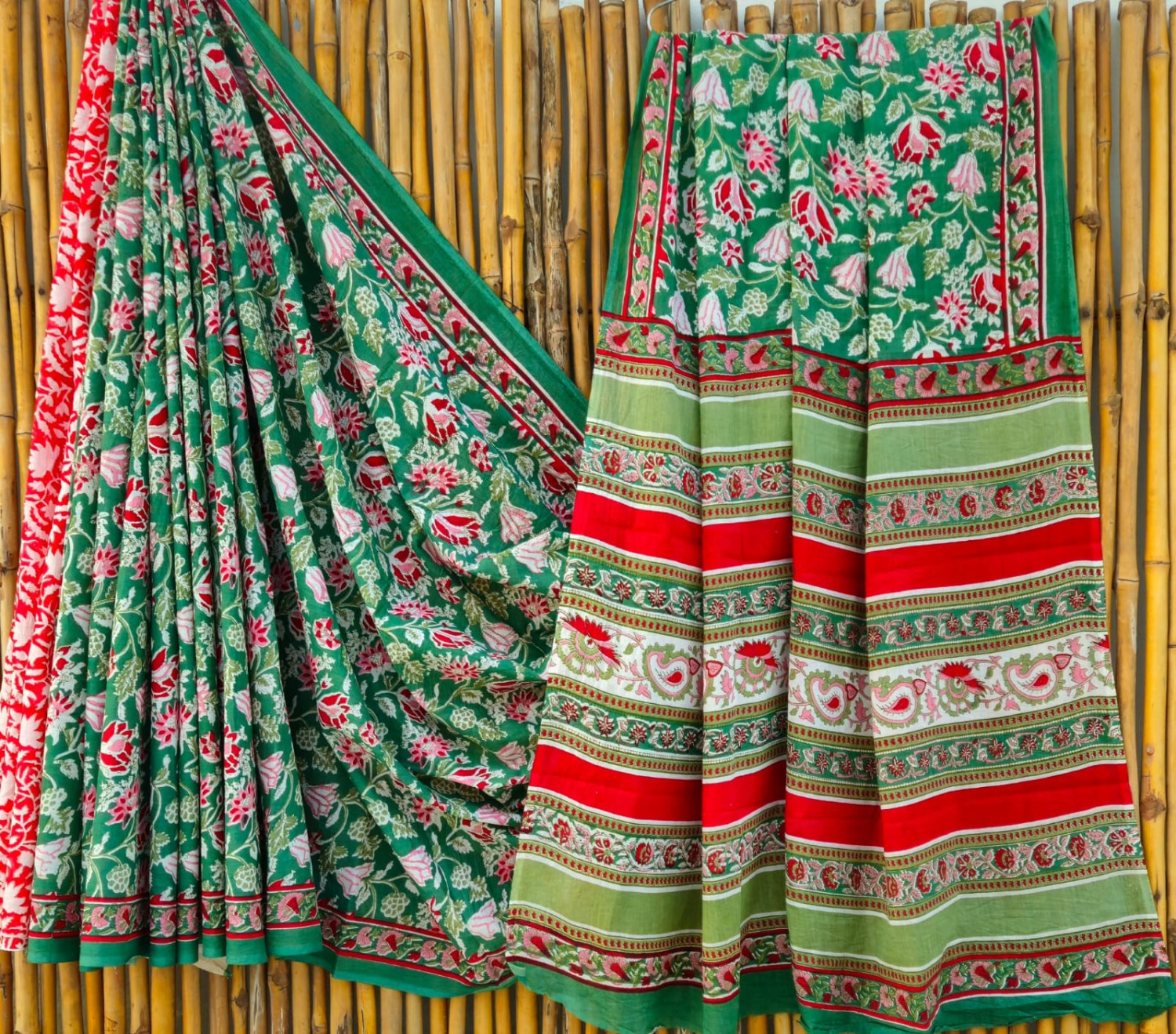 Green & Red Kalamkari Hand-Block Printed Mulmul Cotton Saree with Blouse (6.5 Meters, 92*80, 100% Pure Cotton Fabric)