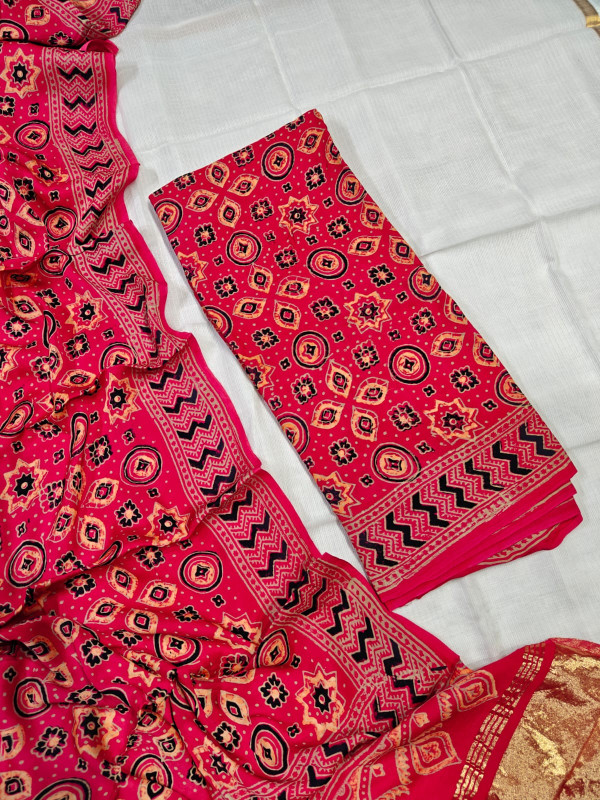 Pink and Black Hand Block Printed Cotton or Cotton Silk Blend Saree