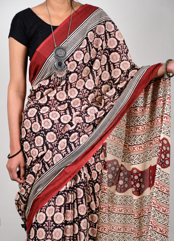 Red and light pink flower   kalamkari print mulmul cotton saree