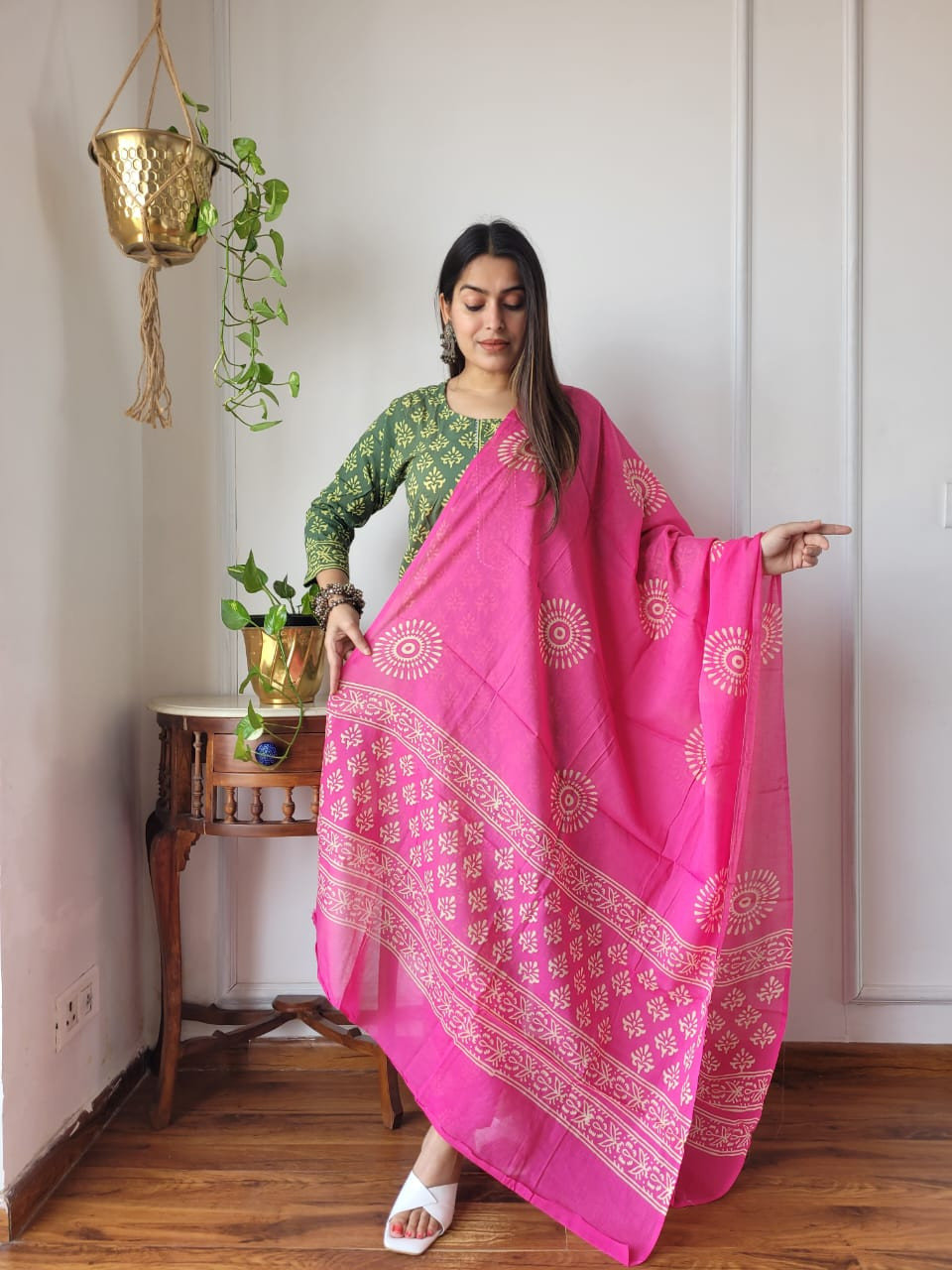 green and pink hand-block printed cotton suit set (kurta, pants, and dupatta)