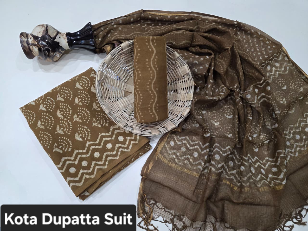 Brown/Beige Hand Block Print Cotton Suit with Kota Doria Dupatta.