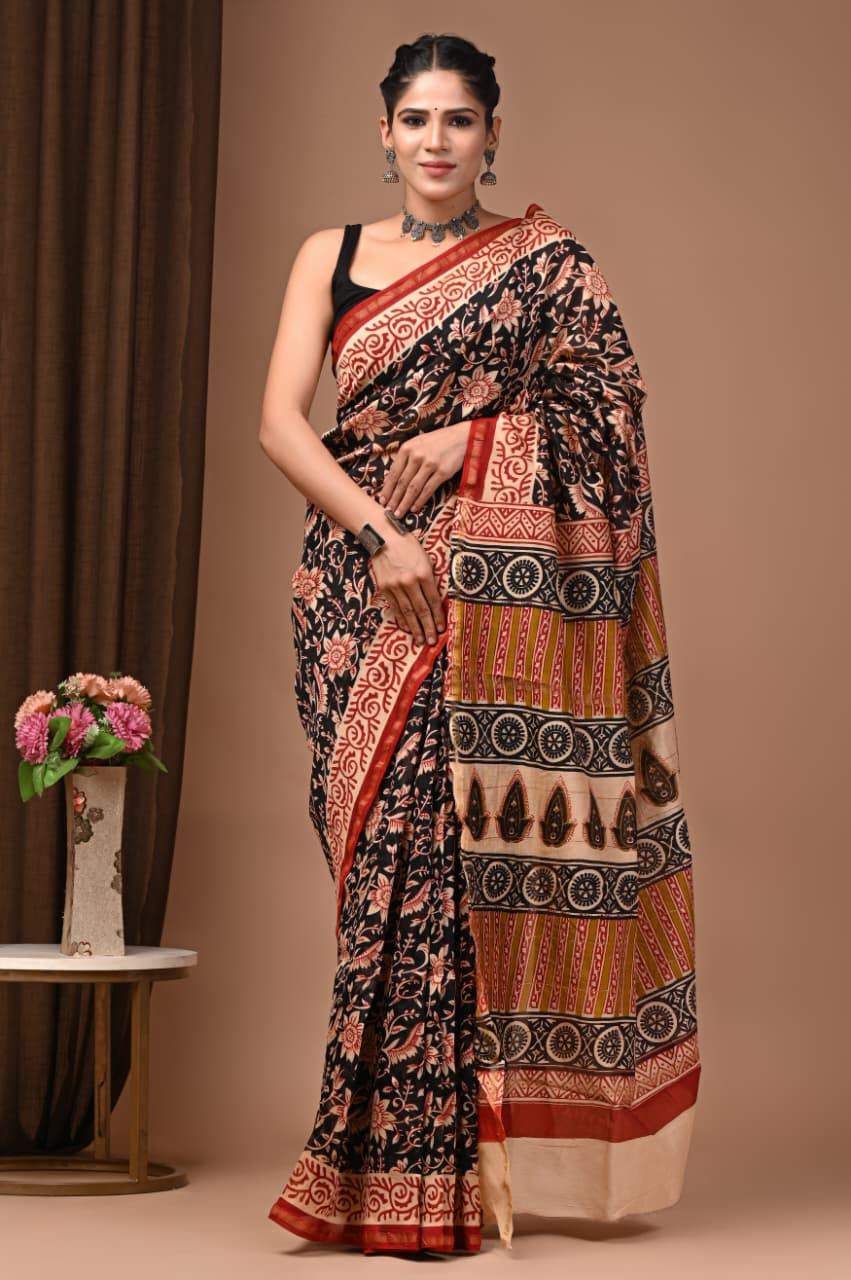 Timeless Crimson Bloom: Hand-Block Printed Maheshwari Cotton-Silk Saree in Black & Red