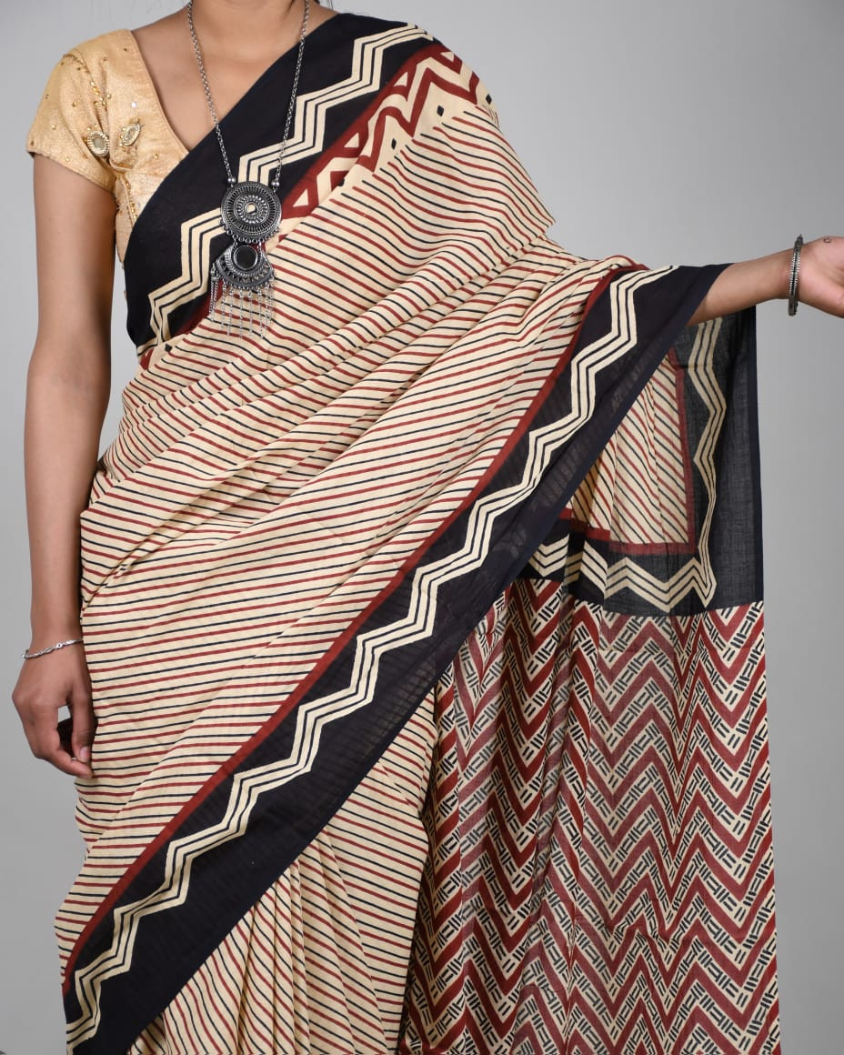 cream , black and deep red Bagru hand block print mulmul cotton saree