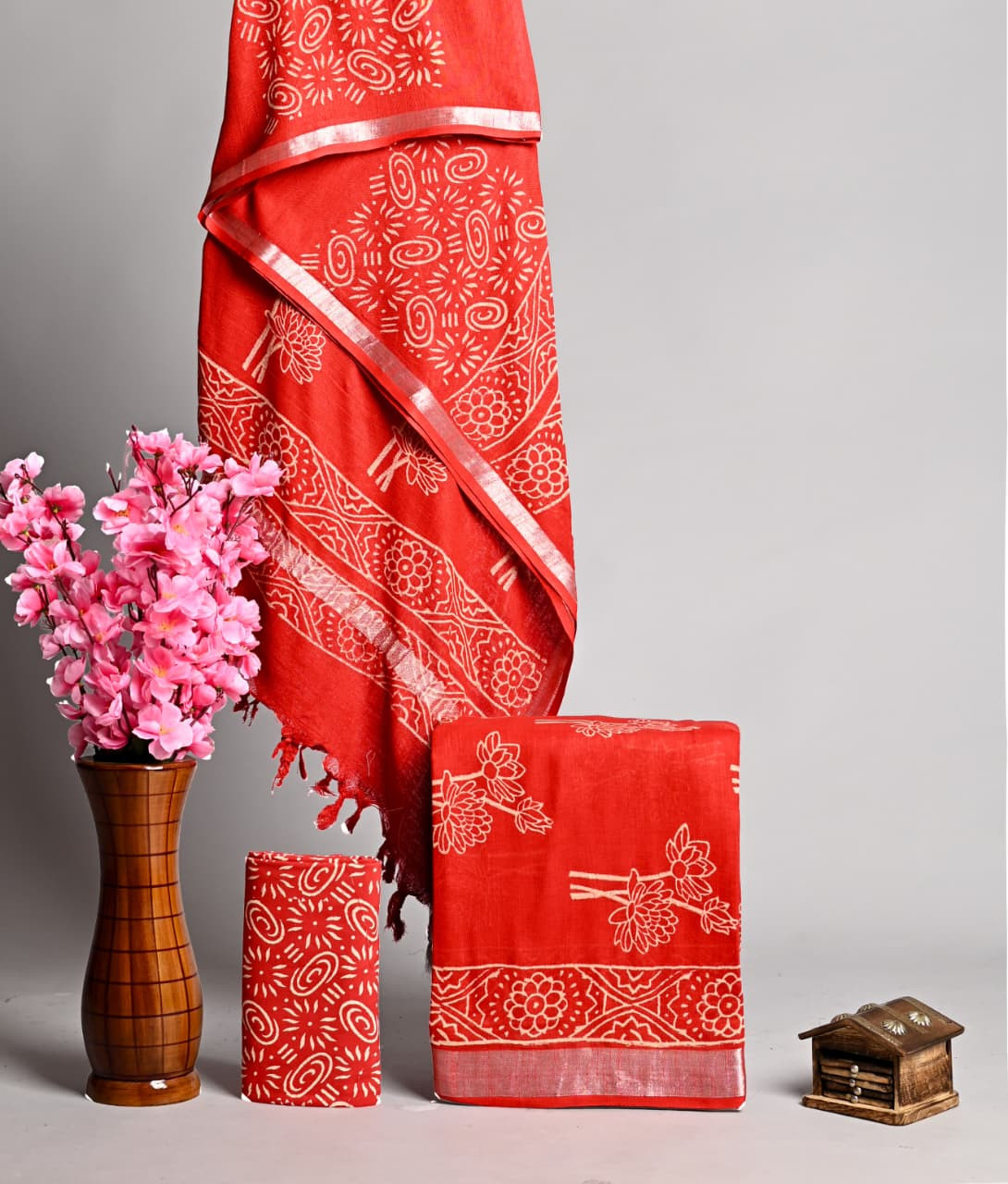 Red  and Golden Bagru Hand Block Printed Linen Suits With Zari Border