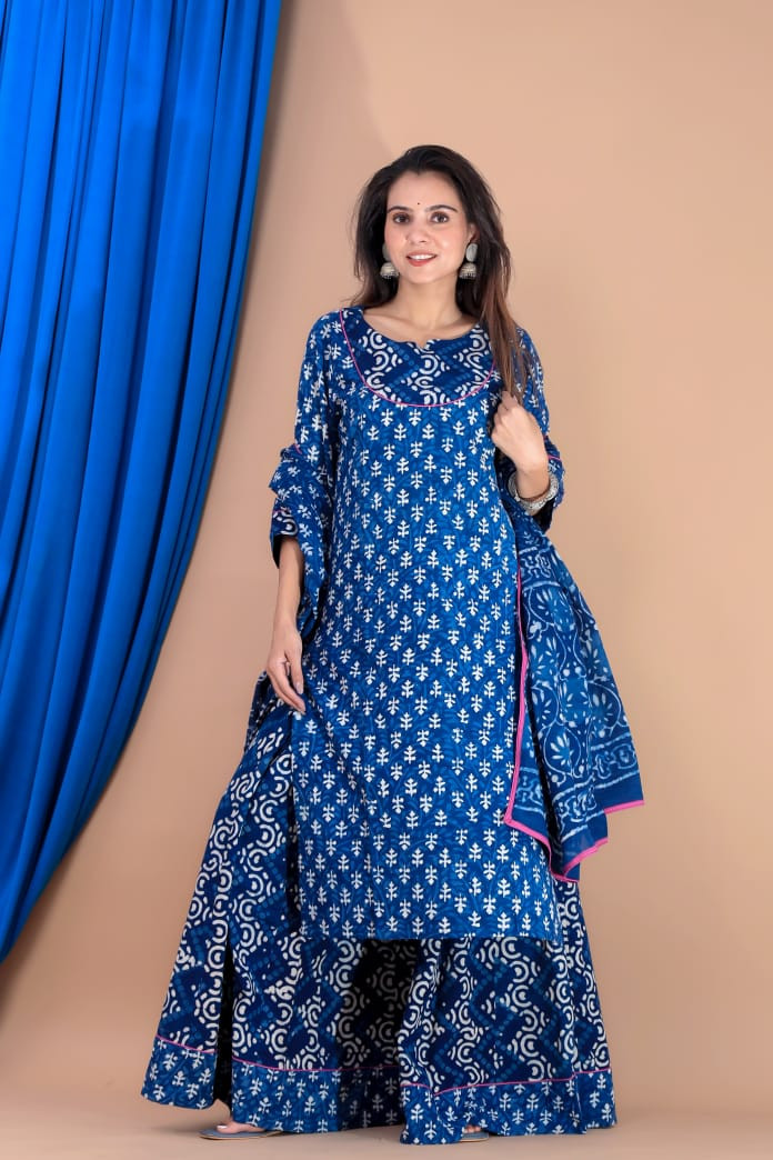 "Indigo Dabu Hand Block Printed Cotton Kurta Set